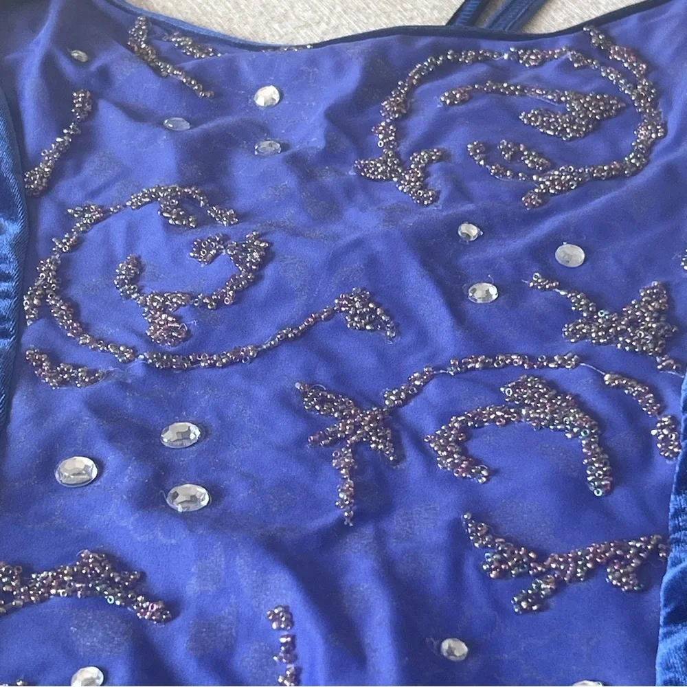 Capezio Blue Velvety Ice Skating Dress Costume Strappy Sleeveless Embellished M